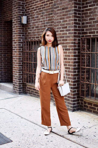 Women's Tan Vertical Striped Sleeveless Top, Tobacco Wide Leg Pants, White and Black Leather Flat Sandals, White Leather Crossbody Bag