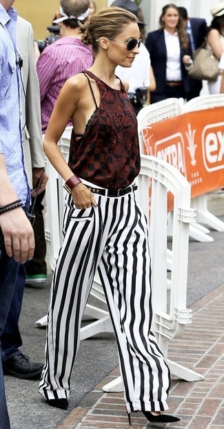 Women's Burgundy Gingham Sleeveless Top, White and Black Vertical Striped Wide Leg Pants, Black Suede Pumps, Black Studded Leather Belt