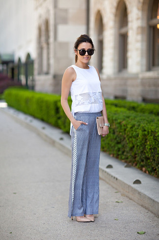 White Lace Sleeveless Top Outfits: A white lace sleeveless top and blue geometric wide leg pants are among those game-changing items that can upgrade your closet. Bring a touch of sultry polish to your outfit by slipping into beige leather pumps.