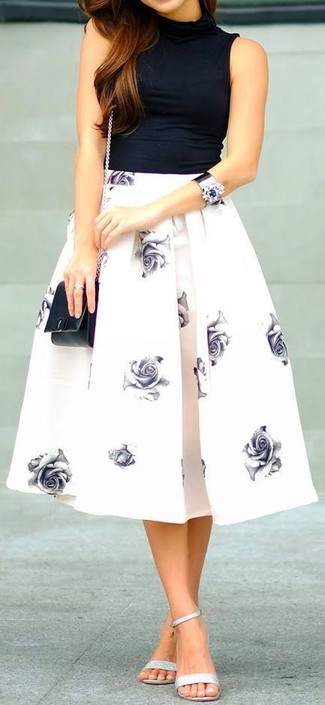 White Floral Full Skirt Outfits: Go for a black sleeveless turtleneck and a white floral full skirt for a sophisticated yet casual ensemble. Introduce a pair of silver leather heeled sandals to the equation to immediately dial up the glam factor of this outfit.