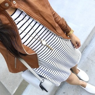 Women's White Leather Crossbody Bag, White Slip-on Sneakers, White and Black Horizontal Striped Casual Dress, Brown Leather Bomber Jacket