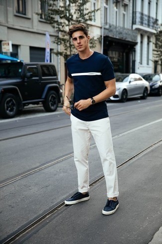 Navy Leather Slip-on Sneakers Outfits For Men: 