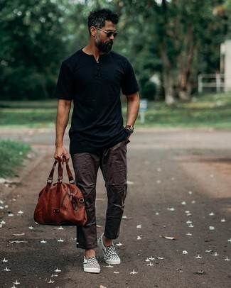 Men's Brown Leather Duffle Bag, Black and White Check Canvas Slip-on Sneakers, Dark Brown Chinos, Navy Henley Shirt