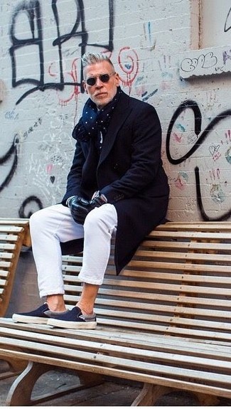 Nick Wooster wearing Navy Polka Dot Scarf, Navy Canvas Slip-on Sneakers, White Chinos, Navy Overcoat