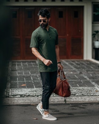 Men's Brown Leather Duffle Bag, Black and White Check Canvas Slip-on Sneakers, Black Jeans, Dark Green Henley Shirt