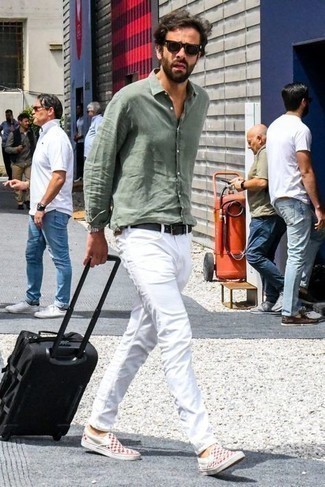Men's Black Suitcase, White and Red Check Canvas Slip-on Sneakers, White Jeans, Mint Long Sleeve Shirt