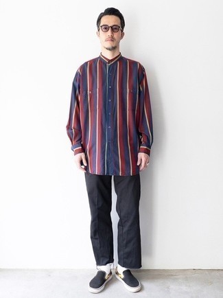 Navy and Red Vertical Striped Long Sleeve Shirt Outfits For Men: 