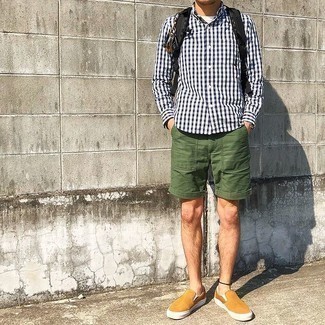 Men's Black Canvas Backpack, Tobacco Canvas Slip-on Sneakers, Olive Shorts, White and Navy Gingham Long Sleeve Shirt