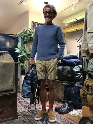 Men's Light Blue Canvas Backpack, Tan Suede Slip-on Sneakers, Beige Camouflage Shorts, Blue Wool Turtleneck