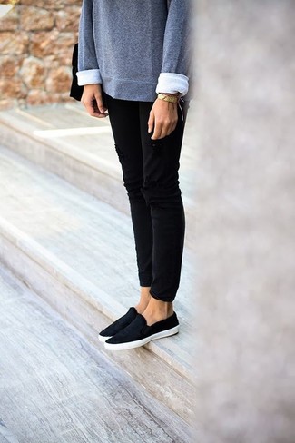 Black Canvas Slip-on Sneakers Outfits For Women: 