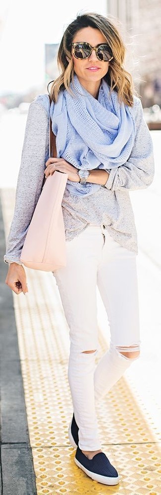 Women's Pink Leather Tote Bag, Navy Slip-on Sneakers, White Ripped Skinny Jeans, Grey Oversized Sweater