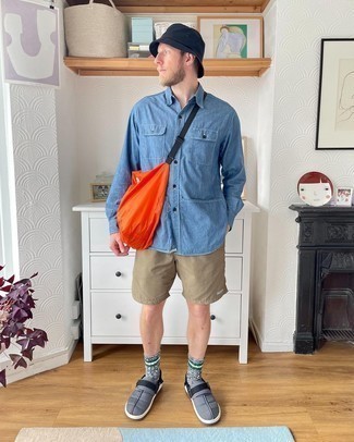 Men's Orange Canvas Messenger Bag, Grey Canvas Slip-on Sneakers, Tan Sports Shorts, Light Blue Chambray Long Sleeve Shirt
