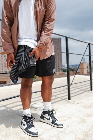 Men's White and Black Leather High Top Sneakers, Black Sports Shorts, White Crew-neck T-shirt, Pink Long Sleeve Shirt