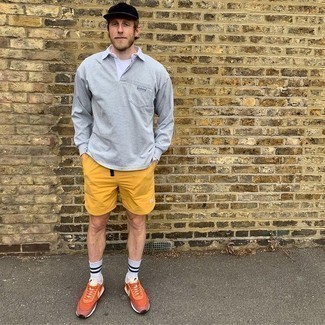 Men's Orange Athletic Shoes, Mustard Sports Shorts, White Crew-neck T-shirt, Grey Polo Neck Sweater