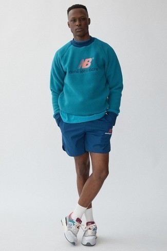 Teal Print Fleece Sweatshirt Outfits For Men: 