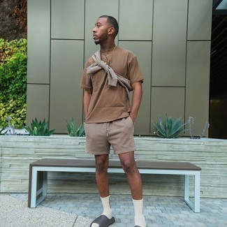 Men's Charcoal Rubber Sandals, Tan Sports Shorts, Tan Crew-neck T-shirt, Tan Sweatshirt
