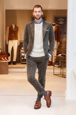 Men's Dark Brown Suit, White Cable Sweater, Blue Chambray Dress Shirt, Brown Leather Derby Shoes