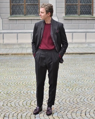 Red Cable Sweater Outfits For Men: Pairing a red cable sweater with a black suit is an awesome option for a sharp and classy look. A pair of burgundy leather tassel loafers integrates brilliantly within a multitude of combos.