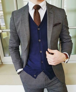 Men's Grey Wool Suit, Navy Cardigan, White Dress Shirt, Dark Brown Tie