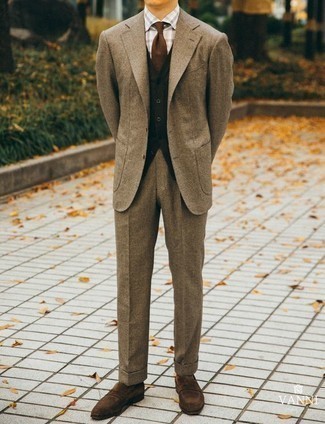 Brown Suede Loafers Outfits For Men: A tan wool suit and a dark green cardigan are a classy outfit that every modern gentleman should have in his sartorial collection. If you're on the fence about how to finish off, add a pair of brown suede loafers.