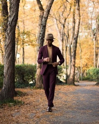Burgundy Leather Double Monks Outfits: A burgundy suit looks especially sophisticated when worn with a tan crew-neck sweater for a look worthy of a perfect gentleman. Burgundy leather double monks are a smart option to complete your ensemble.