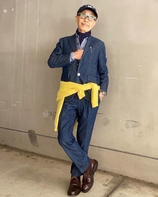 Navy Scarf Outfits For Men: Team a navy suit with a navy scarf for a casual level of dress. For footwear, you can take a more elegant route with dark brown leather desert boots.