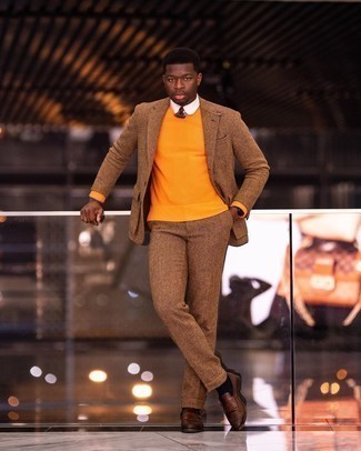 Men's Brown Wool Suit, Orange Crew-neck Sweater, White Dress Shirt, Brown Fringe Leather Loafers