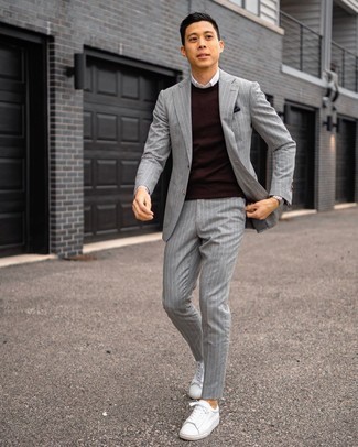Men's Grey Vertical Striped Suit, Dark Brown Crew-neck Sweater, White Dress Shirt, White Leather Low Top Sneakers