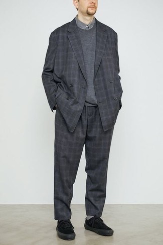 Charcoal Plaid Suit Outfits: Marry a charcoal plaid suit with a charcoal crew-neck sweater if you're aiming for a proper, stylish ensemble. Spice up this look by finishing with a pair of black canvas low top sneakers.