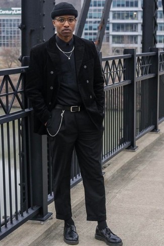 Men's Black Suit, Charcoal Crew-neck Sweater, Charcoal Long Sleeve Shirt, Black Leather Derby Shoes