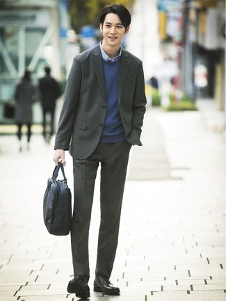 Men's Charcoal Suit, Navy Crew-neck Sweater, Blue Gingham Long Sleeve Shirt, Black Leather Derby Shoes