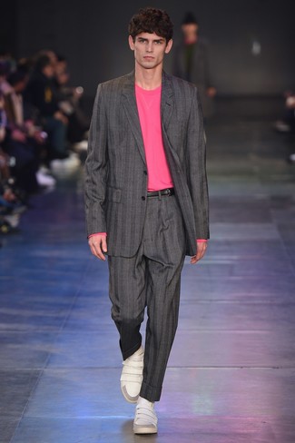 Men's Grey Vertical Striped Suit, Hot Pink Crew-neck Sweater, White Leather Low Top Sneakers, Black Leather Belt