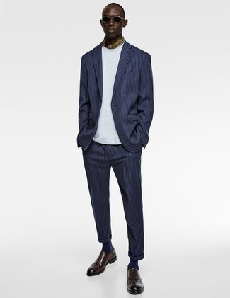 Men's Navy Vertical Striped Suit, White Crew-neck T-shirt, Dark Brown Leather Brogues, Olive Bandana