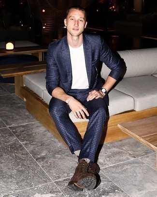Navy Gingham Suit Outfits: A navy gingham suit and a white crew-neck t-shirt paired together are a match made in heaven for gents who love classic and casual styles. A pair of dark brown suede casual boots integrates smoothly within a multitude of looks.
