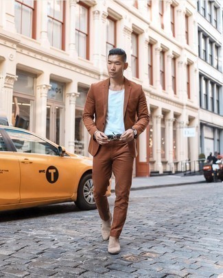Tobacco Suit Outfits: This combo of a tobacco suit and a white crew-neck t-shirt is a lifesaver when you need to look seriously stylish in a flash. Add beige suede chelsea boots to the mix to immediately boost the classy factor of any look.