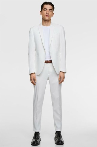 Men's White Suit, White Crew-neck T-shirt, Black Chunky Leather Derby Shoes, Brown Leather Belt