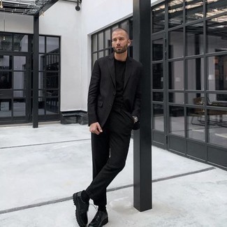 Black Chunky Leather Derby Shoes Outfits: Putting together a black suit and a black crew-neck t-shirt is a guaranteed way to infuse your styling rotation with some rugged refinement. Feeling experimental today? Lift up this ensemble with black chunky leather derby shoes.