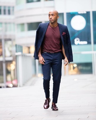Purple Pocket Square Outfits: A navy suit and a purple pocket square worn together are a sartorial dream for those dressers who love off-duty ensembles. For something more on the classy end to finish off your look, add burgundy leather double monks to the mix.
