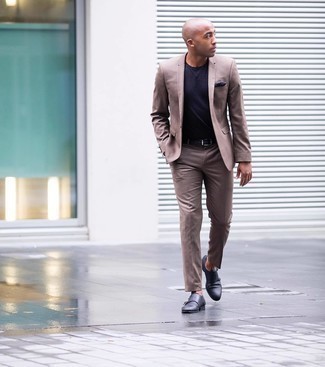Charcoal Leather Monks Outfits: A brown suit looks so effortlessly classic when paired with a navy crew-neck t-shirt. Hesitant about how to round off this outfit? Wear charcoal leather monks to ramp up the classy factor.