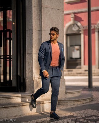 Orange Crew-neck T-shirt Outfits For Men: Infuse laid-back sophistication into your current fashion mix with an orange crew-neck t-shirt and a navy wool suit. Black leather double monks are a simple way to infuse an added dose of style into your outfit.