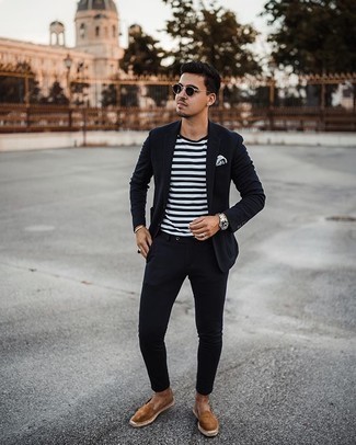 White and Black Crew-neck T-shirt Outfits For Men: This combination of a white and black crew-neck t-shirt and a navy suit looks sophisticated, but in a modern way. Rounding off with a pair of tan suede espadrilles is the simplest way to introduce a more laid-back twist to your ensemble.