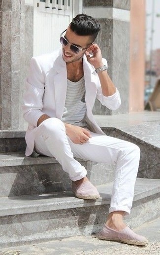 Purple Canvas Espadrilles Outfits For Men: Consider teaming a white suit with a grey horizontal striped crew-neck t-shirt if you're going for a clean, seriously stylish look. You can get a bit experimental with footwear and tone down your look by finishing with purple canvas espadrilles.