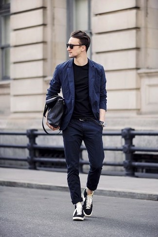 Navy Woven Leather Belt Outfits For Men: Perfect the casually cool getup in a navy suit and a navy woven leather belt. Add a pair of black and white suede high top sneakers to the mix to immediately step up the fashion factor of your ensemble.