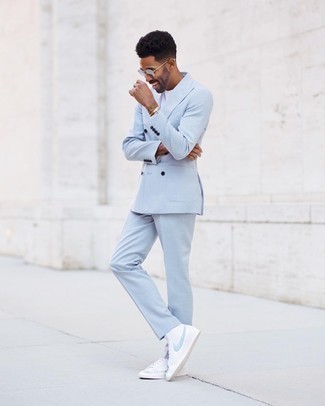 Men's Light Blue Suit, White Crew-neck T-shirt, White and Blue Leather High Top Sneakers, Silver Sunglasses