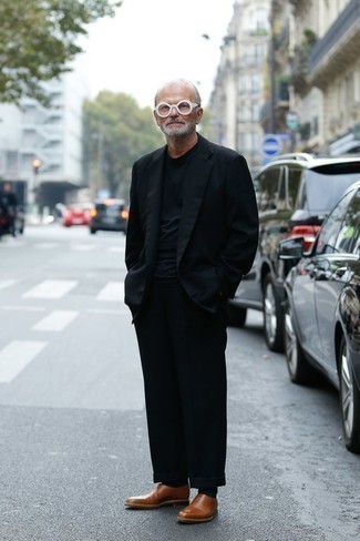 Men's Black Suit, Black Crew-neck T-shirt, Tobacco Leather Loafers, Clear Sunglasses