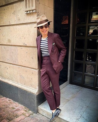 Burgundy Suit Outfits: The formula for effortlessly classic menswear style? A burgundy suit with a white and navy horizontal striped crew-neck t-shirt. Bump up the formality of this outfit a bit by finishing with a pair of navy leather loafers.