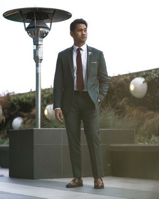 Men's Dark Green Suit, White Crew-neck T-shirt, Brown Leather Loafers, Brown Tie