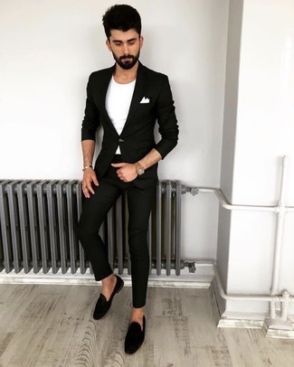 Black Velvet Loafers Outfits For Men: This pairing of a black suit and a white crew-neck t-shirt is a mix between formal and laid-back. Add black velvet loafers to the mix to instantly dial up the style factor of any outfit.