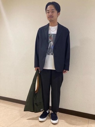Men's Navy Suit, White Print Crew-neck T-shirt, Navy Suede Loafers, Dark Green Canvas Tote Bag