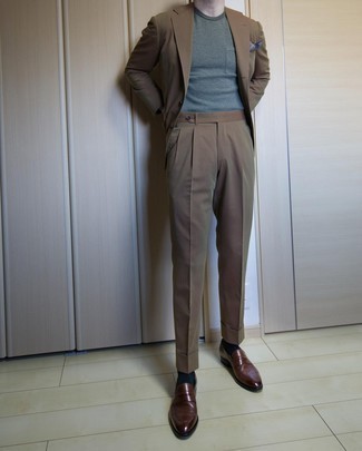 Men's Brown Suit, Olive Crew-neck T-shirt, Dark Brown Leather Loafers, Purple Print Pocket Square